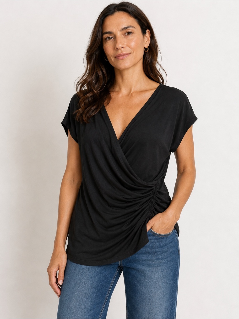 Max Mara Black Draped Ruched Surplice Top Size L
